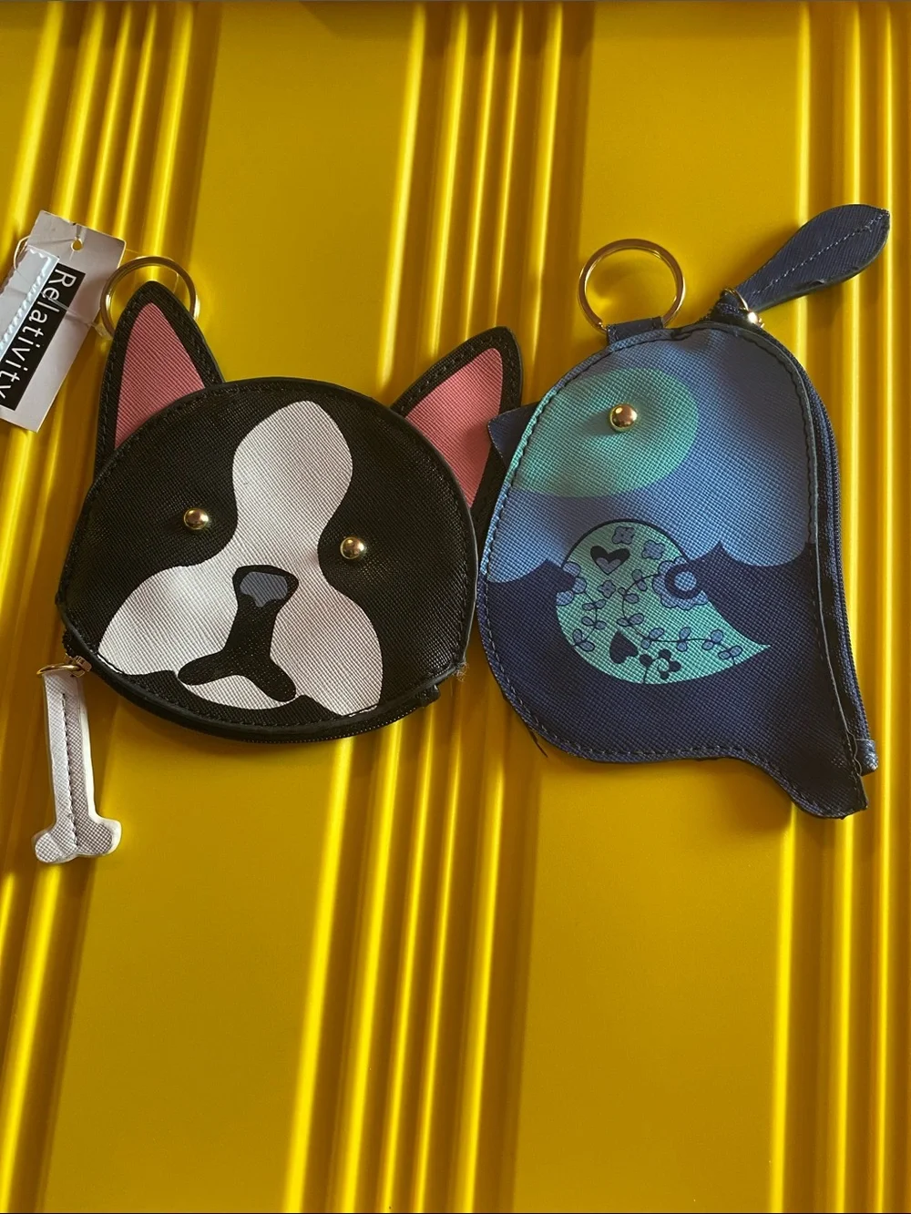 Playful Dog & Bird Keyring Coin Pouches - Black, Pink, Blue, Teal New